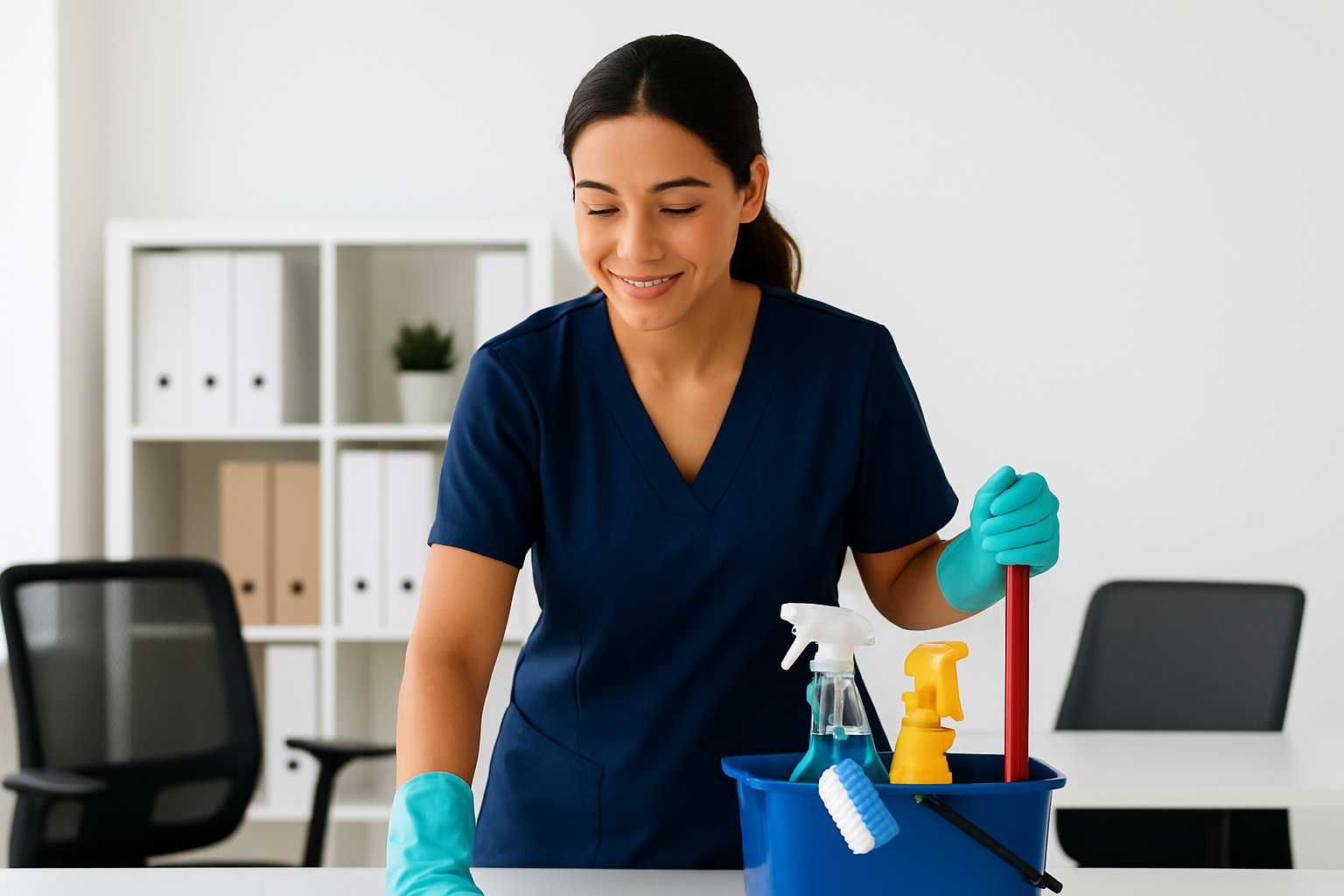 Profesjonell renholder fra RJ Renholdspartner vasker moderne kontormiljø i Oslo med støvsuger og rengjøringsutstyr